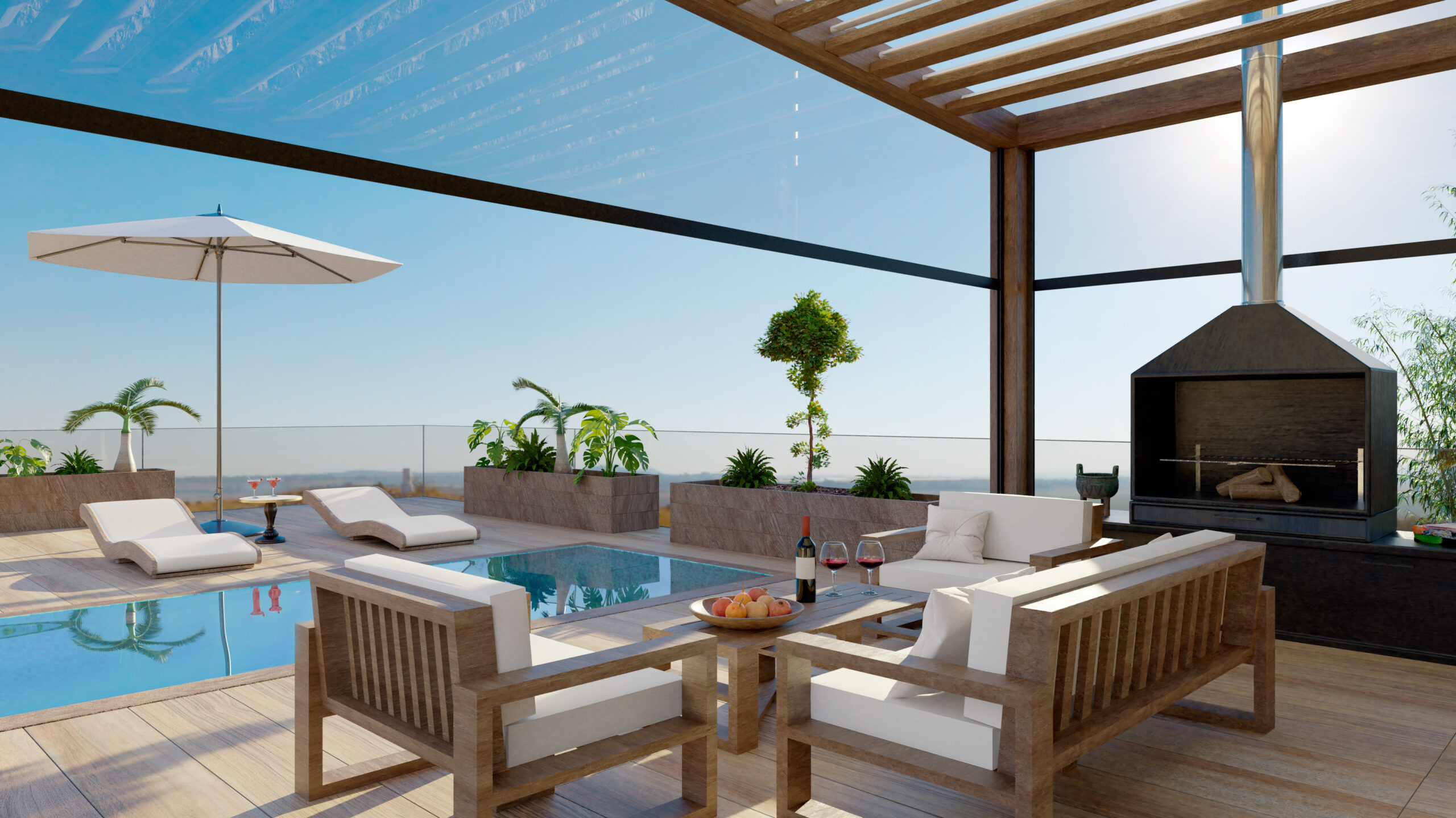 3D illustration of luxury outdoor terrace with swimming pool and barbecue. Bioclimatic pergola with couch and deck chairs and open view.
