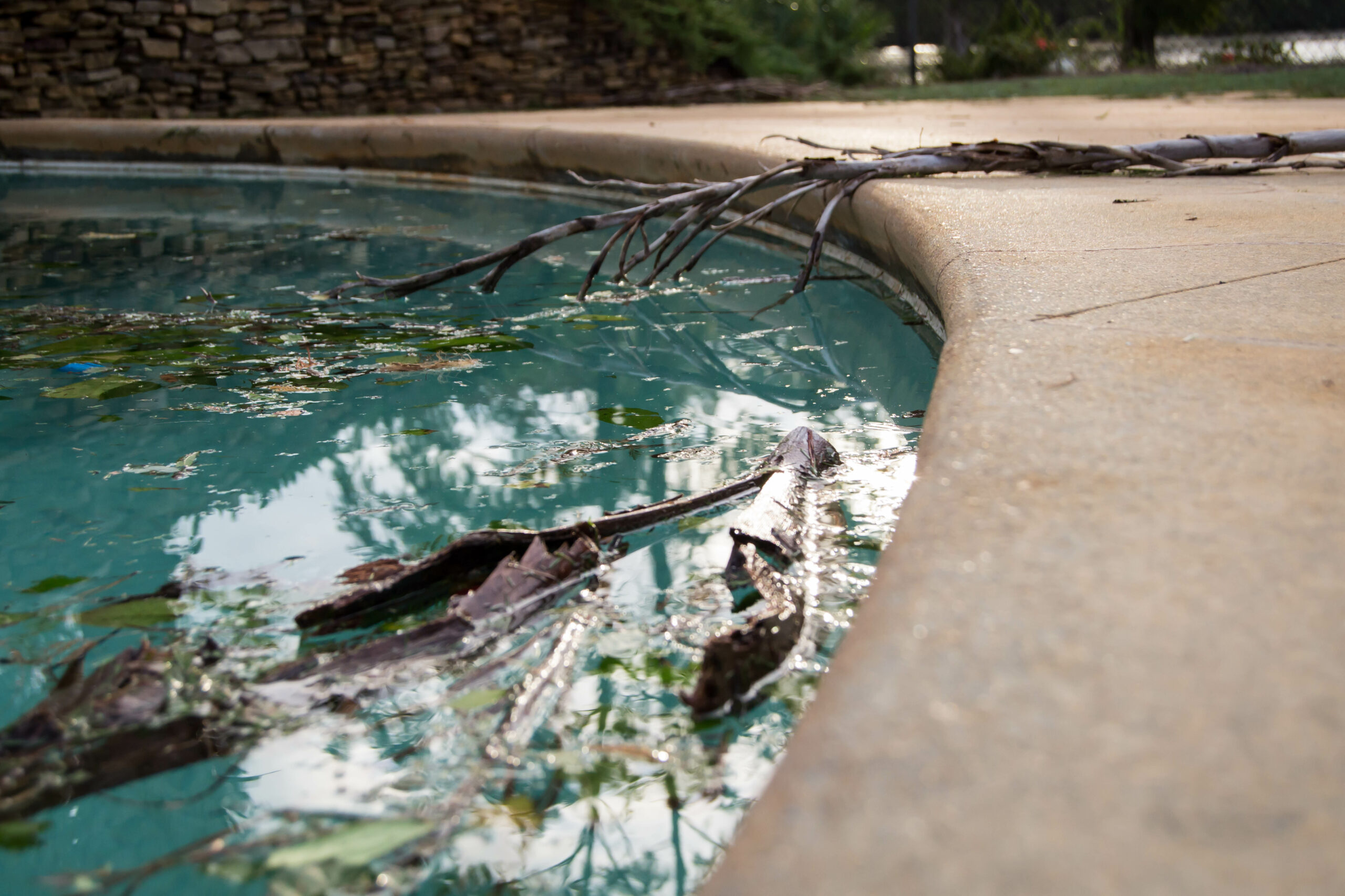 Debris in pool after hurricane Michael Photo for the How To Fix Murky Pool Water blog post. Shop at Swimart.